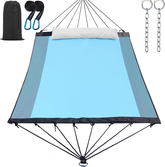 GAFETE 14ft 2 Person Hammock for Outside, Quick Dry Textilene, Portable Hammocks Without Stand with Folding Steel Spreader Bar, Carrying Bag, Tree Straps, Pillow & Sidebag, 550 lbs Capacity (Aqua)