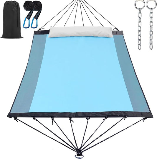 GAFETE 14ft 2 Person Hammock for Outside, Quick Dry Textilene, Portable Hammocks Without Stand with Folding Steel Spreader Bar, Carrying Bag, Tree Straps, Pillow & Sidebag, 550 lbs Capacity (Aqua)