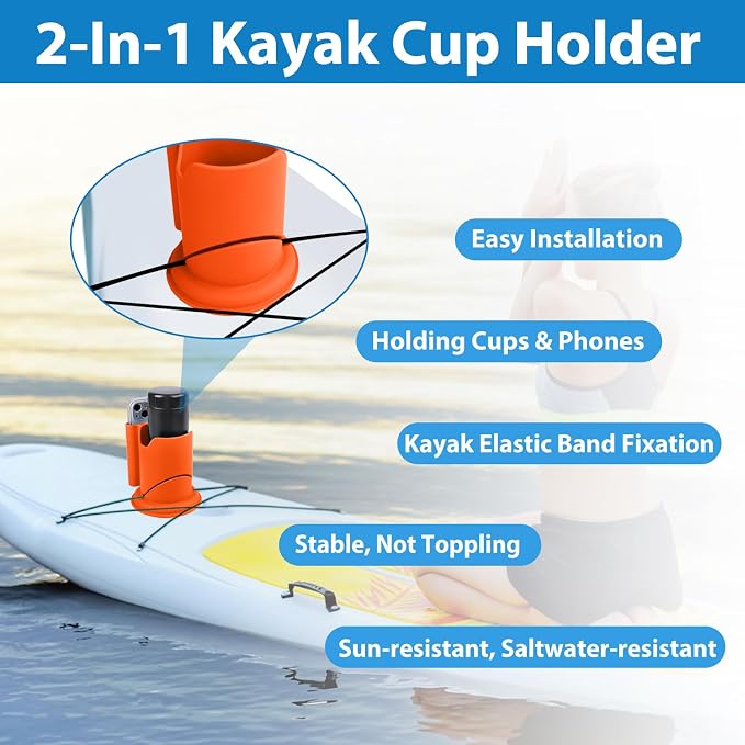 Paddleboard Cup Holder, Paddle Board and Kayak Drink Holder, 2-in-1 Drink & Phone Holder, Paddleboard Accessory for Surfboards, Canoes, SUPs, Kayaks, Boats (Orange)