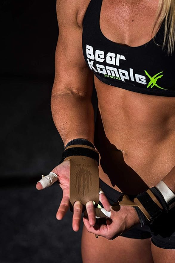 Bear KompleX 2 Hole Leather Hand Grips for Workouts, Pull-ups, Weightlifting, WOD Gymnastics, Crosstraining Palm Grips with Wrist Wraps, Hand Protection from Rips and Blisters,1 Pair