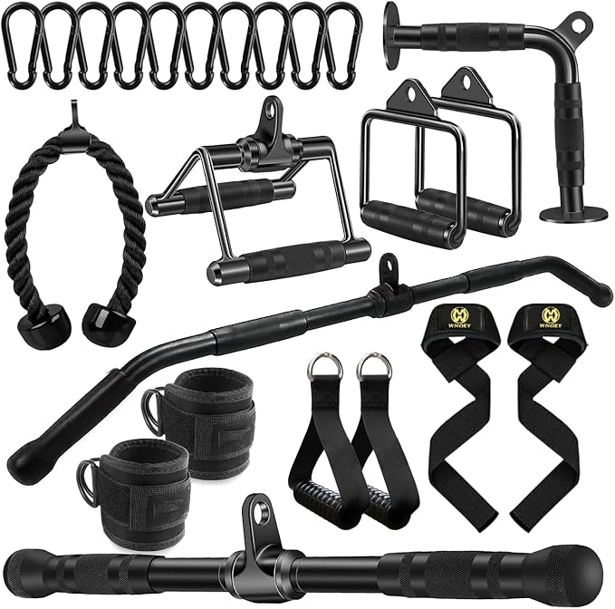 LAT Bar Cable Attachment with Rubber Handgrips, Deluxe Heavy Duty Solid Curl Bar Revolving Hanger Home Gym Cable Attachments (Black 35.5 inch Set)