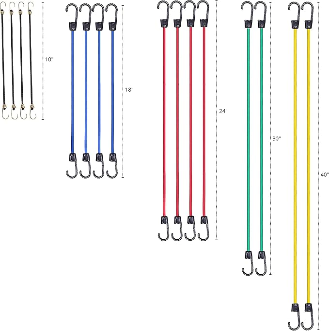TOOLUXE 50888L Bungee Cords Kit, 36pc Assorted Bungee Cord Hooks Set, Large & Small Loop Rope with Hooks, Outdoor Canopy Ties, Ratcheting Straps, Steel Spring Clamps, Plastic Alligator Tarp Clips
