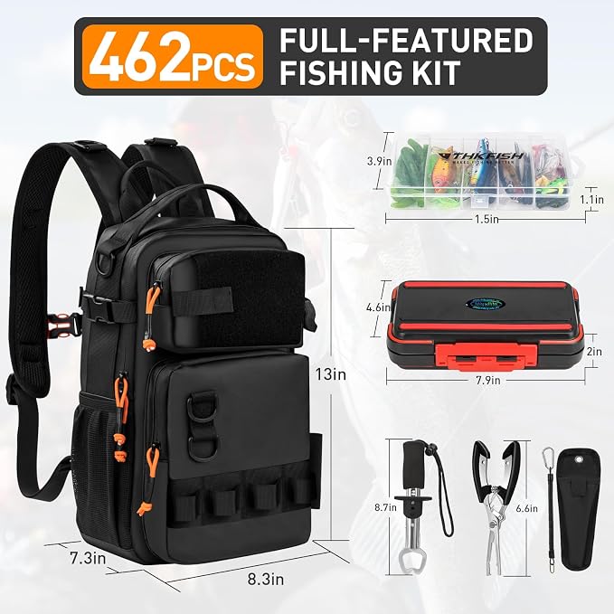 THKFISH Fishing Tool Kit, Backpack and Tackle Box with Tackle Included Lures Hooks Sinkers Accessories Kit,Pliers, Fish Lip Gripper, Fishing Gear and Fishing Gift for Men