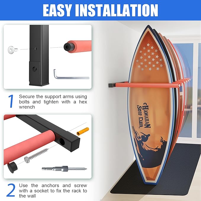 2025 Upgrade Surfboard Wall Mount, Surfboard Rack with Rubber Mat & Bungee Cord, 6 Arms Vertical Surfboard Wall Rack Garage Storage for Wall Holds 5-6 Boards