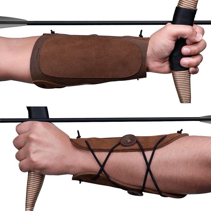 Archery Bracer with Elastic, Forearm Protector for Bow Shooting Practice, Armband, Wrist Guard, Cosplay, Adjustable Buckle Straps, Full Grain Leather, Handmade, Bourbon Brown