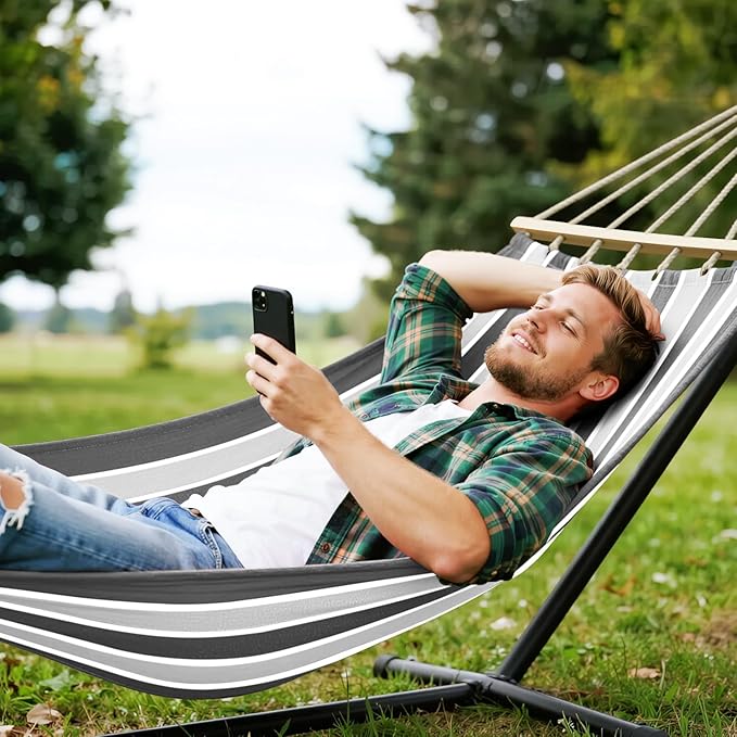 MOSFiATA Hammocks Portable Camping Hammock Upgraded 550lb Comfortable Fabric Hammock with Two Anti Roll Balance Beam and Sturdy Tree Straps for Camping, Patio, Backyard, Outdoor（Grey）