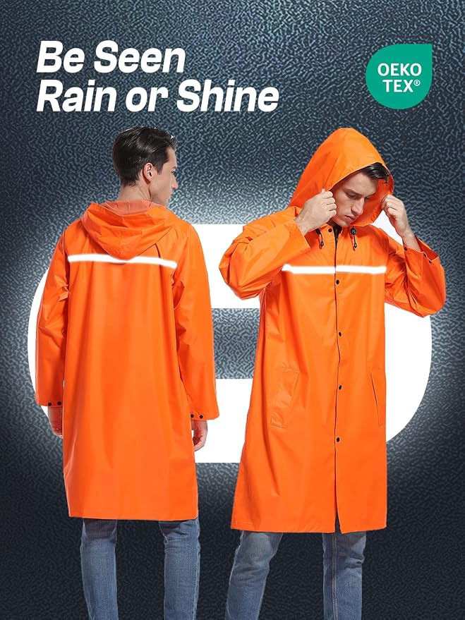 Mens Long Hooded Safety Rain Jacket Waterproof Emergency Raincoat Poncho