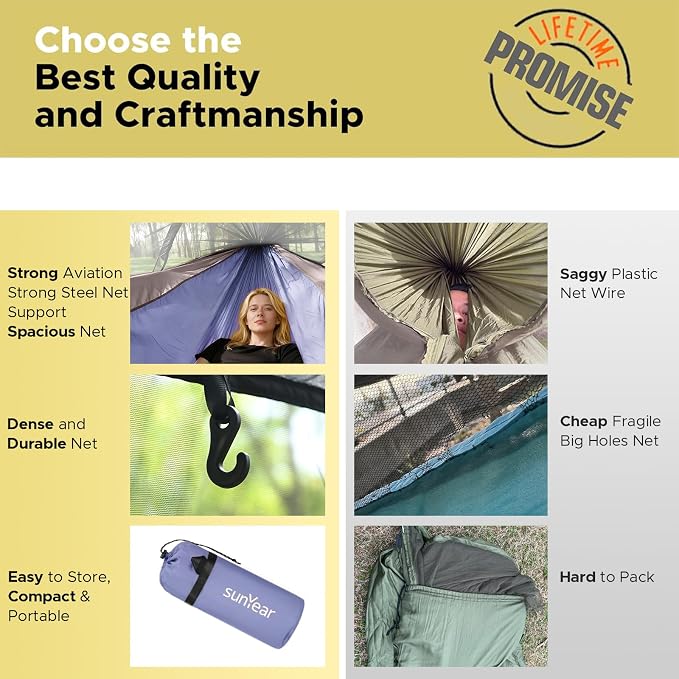 Sunyear Camping Hammock Tent - Portable Hammocks with Mosquito Net (Single/Double, 500lbs Capacity) - Spacious & Anti-Rollover Design with 2 Tree Straps for Hiking, Backpacking, Indoor/Outdoor Use