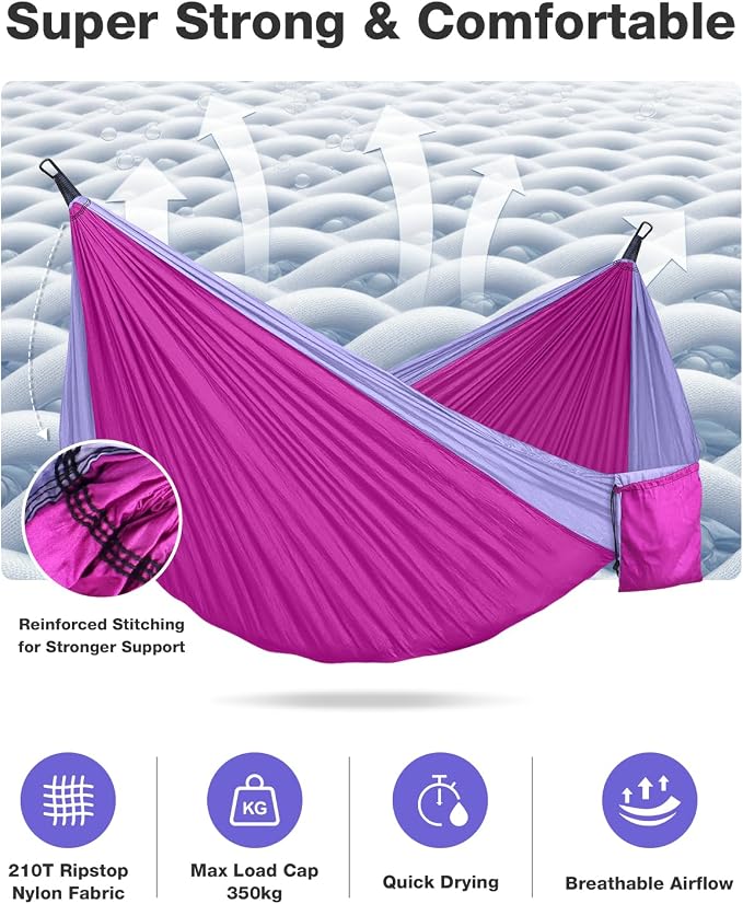 MOSFiATA Camping Hammock, Lightweight Parachute Hammock Up to 700lbs with 2 Tree Straps and Attached Carry Bag Portable Outdoor Hammock for Backpacking Hiking Travel (Pink Purple)