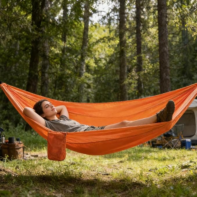 Camping Hammock, Portable Hammocks with Tree Straps & Attached Carry Bag, Travel Tree Hammocks for Outside Indoor Hiking Beach Backpack Travel(Orange, Polyester Pongee)