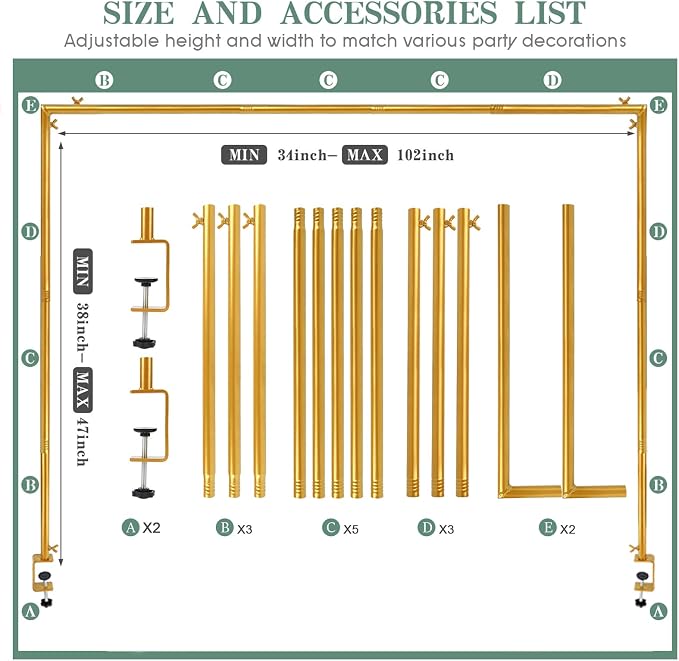 Over The Table Rod Stand with Clamps, Gold Metal Table Arch Adjustable 38"-47" Tall 34"-102" Length, Table Balloon Arch for Wedding, Anniversary, Birthday, Party, Christmas Decoration