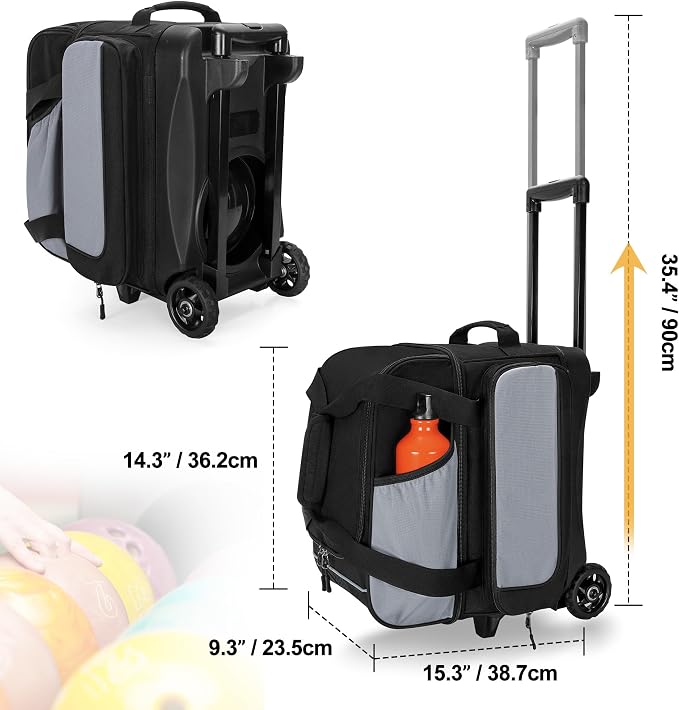 GOBUROS Single Ball Roller Bowling Bag with Wheels and Retractable Handle Extends to 35.4 Inches, Single Bowling Ball Bag with Shoe Compartment and Multiple Accessory Pockets, Black and Gray