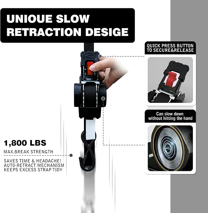 Retractable Ratchet Straps 1" x 13Ft, Heavy Duty Self Retracting Tie Down Straps, 1800lb Break Strength Auto Retract Cargo Straps for Truck, Trailer, Motorcycle, ATV, UTV, (Black, 4 Pack)