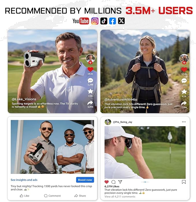Upgraded 0.5 Second Easily Lock on a Pin Golf Rangefinder with Slope 2X HD Bright LCD, 1500 Yards Range Finder for Golf/Hunting, 7X Magnification with Flag Pole Locking Vibration, Golf Gifts Pcs