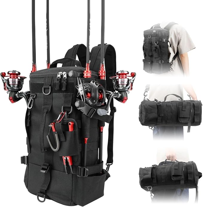KOMCLUB Black Fishing Sling Tackle Storage Backpack, Large with Rain Cover‌ | Waterproof Outdoor Fishing Bag, Ideal Fishing Gifts for Men, Fits All-Day Fishing Trips