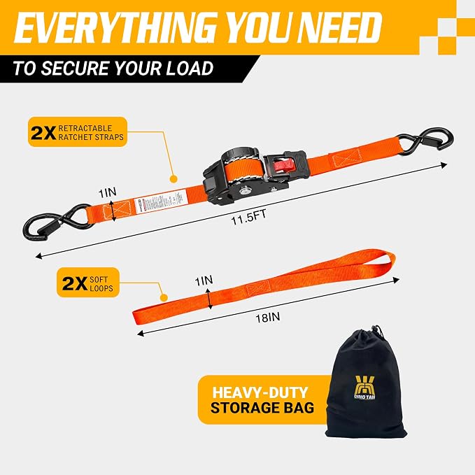 Retractable Ratchet Straps (2-Pack) - 1'' x 11.5' (1,800lb Break Strength) - Heavy Duty Auto Self Retracting Tie Down Straps for Truck, Cargo Trailer, Motorcycle, Rad & More - Orange