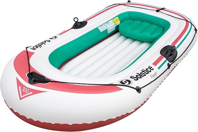 SOLSTICE Inflatable Boat for Lakes, Rivers & Beaches – Heavy-Duty Raft with Swivel Oar Locks, Grab Line & Inflatable Seat – Voyager, 3-Person, White, 7'