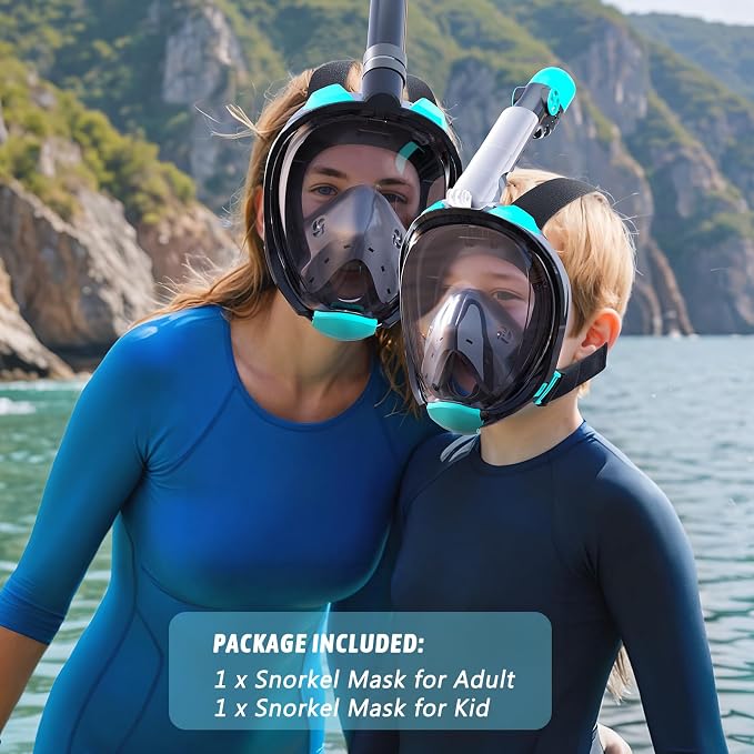 Greatever G2 Full Face Snorkel Mask for Adults Kids, 2 Pcs Snorkeling Set with Foldable Design, Dry Top System, 180° Panoramic View, Anti-Fog & Anti-Leak, Safe Breathing with Camera Mount Included