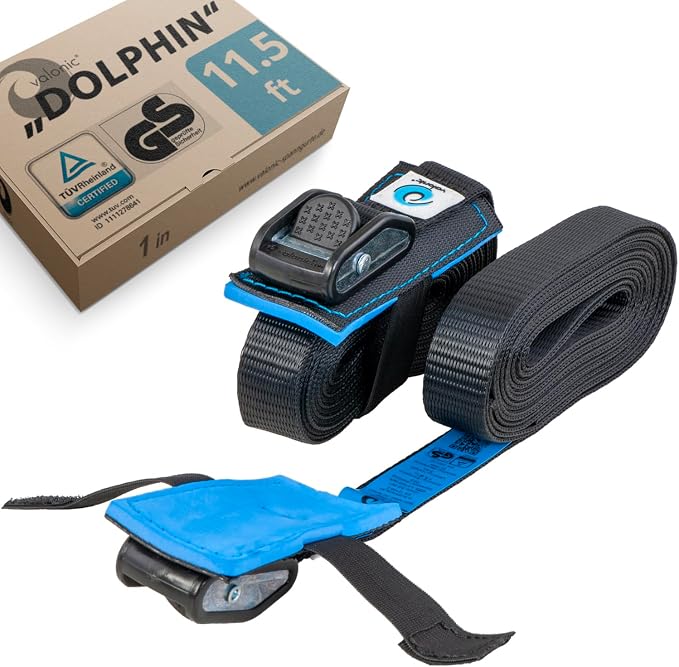 valonic Dolphin - tie Down Straps - 2 Pack, 11.5 ft x 1 inch, 2200 lbs, Protection pad, cam Buckle - for roof Rack, Surfboard, Kayak and Paddle Board, Black