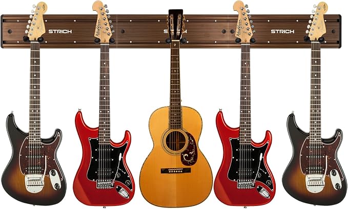 STRICH Guitar Wall Mount Hangers - Holds 5 Guitars, Walnut Wood Grain, Strong Aluminum Metal Stand Rack, Adjustable Display Set, SMH-05W