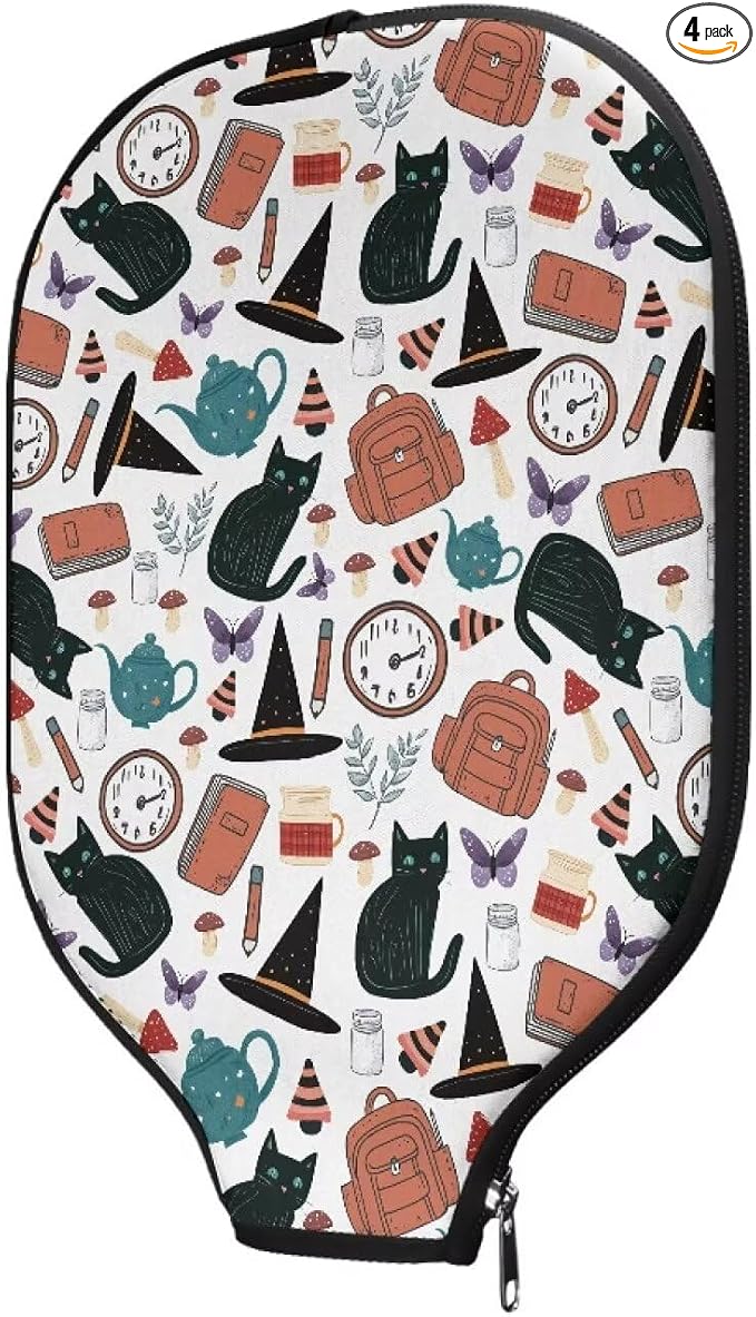 Cat Schoolbag Pickleball Paddle Neoprene Cover 4 Pcs Universal Pickle Ball Racket Case with Zipper Closure Protective Sleeve Covers for Pickleball Paddle Pickleball Accessory Bags