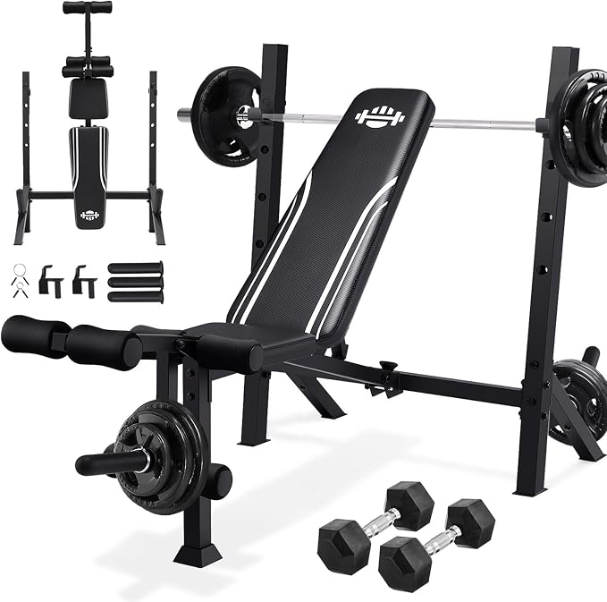 ANCHEER 900LBS Weight Bench Set with Barbell Rack, Heavy Duty Bench Press Set with Leg Extension and Leg Curl, Foldable Workout Benches for Home Gym with J Hooks & Olympic Sleeves (US Stock)
