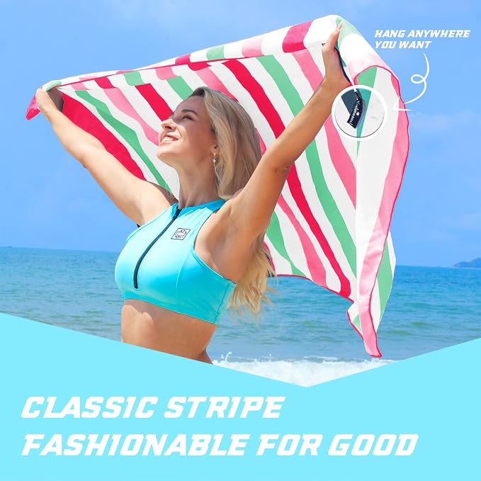 Exclusivo Mezcla Microfiber Quick Dry Beach Towel, Oversized Lightweight Sandfree Pool Towel for Swimming Camping Travel with Bag (Stripe Pink, 35x70 Inches)
