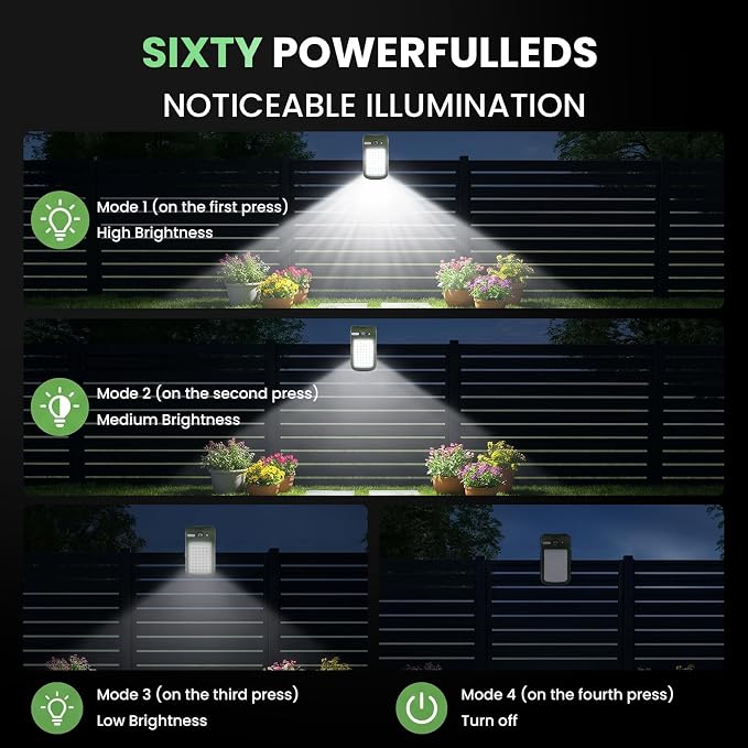 Clip on Solar Lights Outdoor, Portable Mini Solar Camping Light,Constant-on Light, Non-Motion-Sensing Mode,60LEDs 500LM Portable Security Light for Fence Waterproof, Deck, Yard, Camping, USB Charging