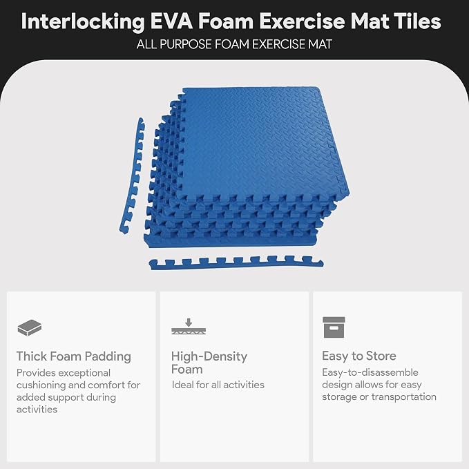 BalanceFrom Puzzle Exercise Mat 3/4" Thick, EVA Interlocking Foam Floor Tiles for Home Gym, Mat for Home Workout Equipment, Floor Padding for Kids, Blue, 24 in x 24 in x 3/4 in, 24 Sq Ft - 6 Tiles