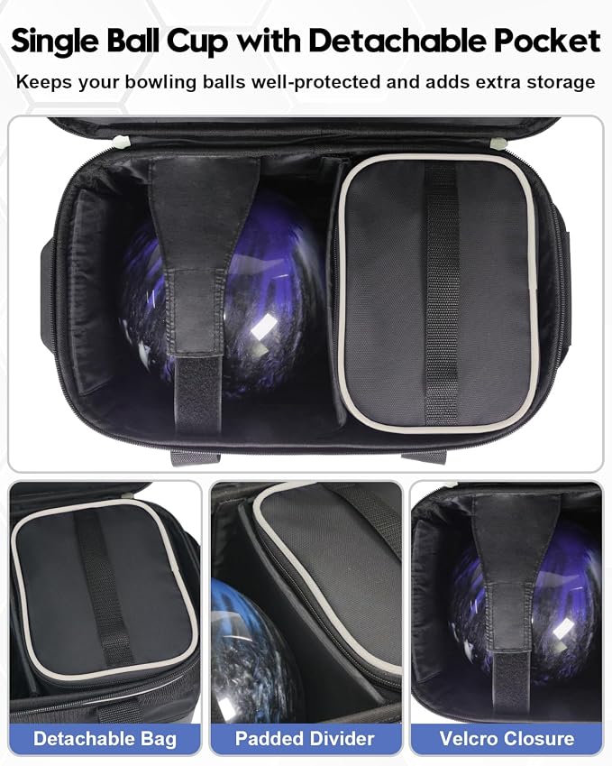Single Bowling Ball Bag with Wheels, Deluxe Rolling Bowling Bags 1 Ball and Shoes Pocket w/Molded BallCup, Bonus Storage Bag, 40" Retractable Handle - Large 1 Ball Bowling Bags with Wheels