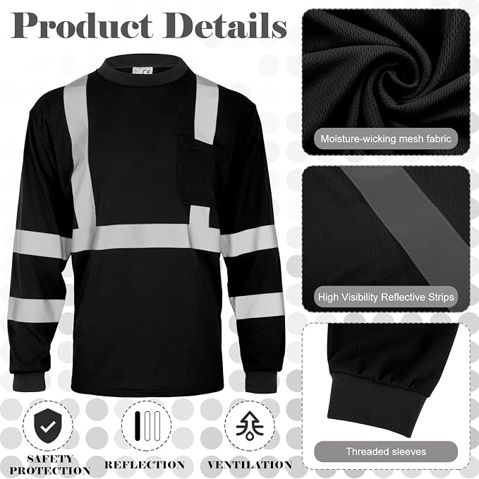 Amylove 4 Pcs Long Sleeve Safety Shirt High Visibility Reflective Construction Work Shirts for Men Women(L,Black)