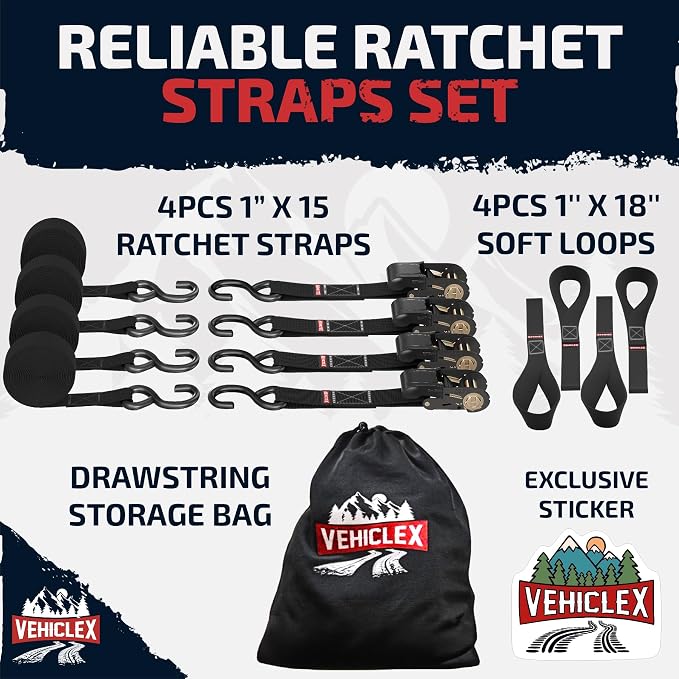 Ratchet Tie Down Straps (1,800 lbs Break Strength) - Vehiclex 15 Ft Versatile Straps for Powersports, Garage, and Outdoor Use - Soft Loops, Deep S-Hooks & Comfort Grip Handle (4 Pack, Black)