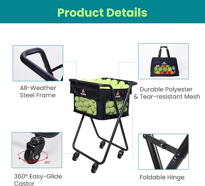 Tennis & Pickleball Cart - 140 Ball Capacity Hopper with Quick-Detach Bag, 4 Smooth Swivel Wheels & Foldable Frame for Easy Court Transport and Compact Storage