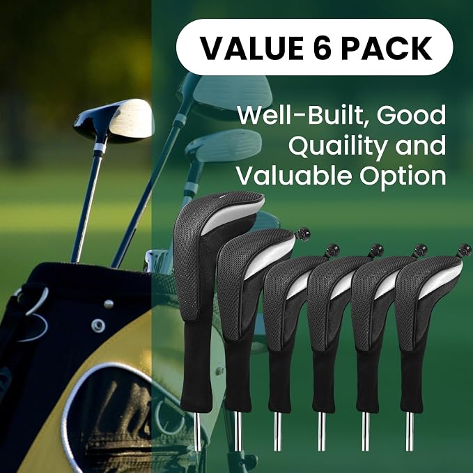 Golf Club Head Covers for Woods Driver Fairway Hybrids Value 6 Pack, Long Neck for Serious Protection with Interchangeable Tags 3 4 5 7 X, Headcovers for Men Women in Black & Pink