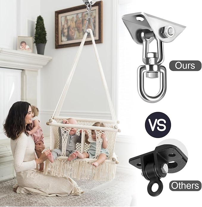 Hammock Hanging Kit, Hanging Chair Hardware with Chain 1000 lb Capacity Hammock Hooks, Heavy Duty Porch Swing Hanger, 360 Swivel Ceiling Hooks Snap for Chair, Seat, Yoga, Punching Bag, Gym (Silver)