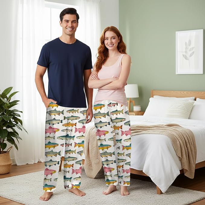 GNEW Fish Pajama Pants – Funny Fishing Lover Sleepwear, Cozy Unisex Lounge Pants Gift for Men Women