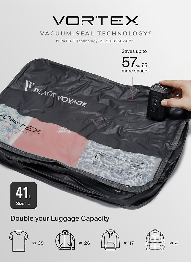 Black Voyage Reusable Vacuum Compression Travel Bag for Carry-On Suitcase and Backpack, Recycled IPX8 Waterproof Space Saver Vacpack (1-Pack, 41L - Pump Included)
