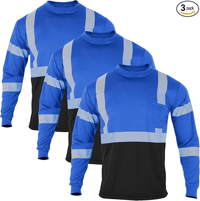 VENDACE Safety T Shirts Reflective High Visibility 3 Pack Hi Vis Long Sleeve Construction Work Shirts for Men (Royal Blue,2XL)