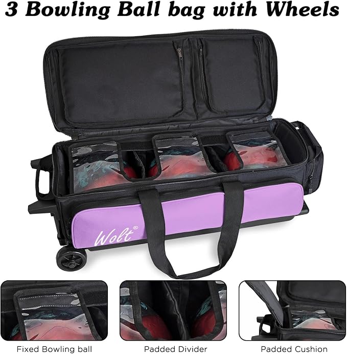 WOLT 3 Ball Bowling Bags with Wheels,Bowling Ball Bag 3 Ball Roller with Separate Shoe Compartment and Accessory Pocket, Retractable Handle Extends to 38’’