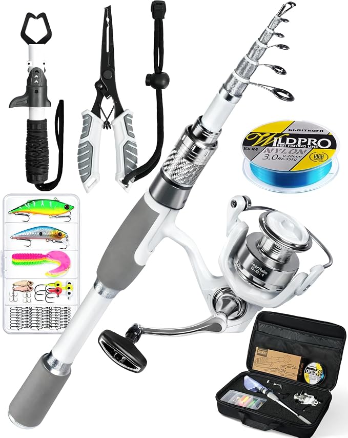 Ghosthorn Fishing Rod and Reel Combo Carbon Fiber Telescopic Fishing Pole Carrier Bag Portable Kit Saltwater Freshwater