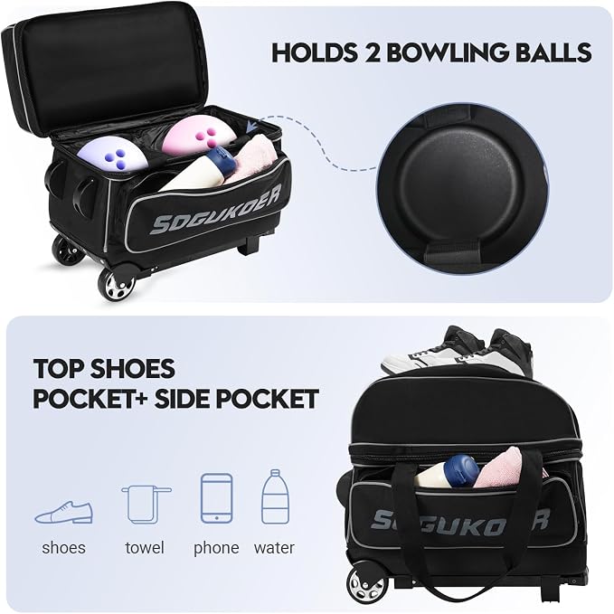 2 Bowling ball Bag with Wheels, Lightweight Trolley Double Ball Bowling bag with Large Separate Shoe Compartment and Oversized Accessory Pocket, Retractable Handle Extends To 39.5"