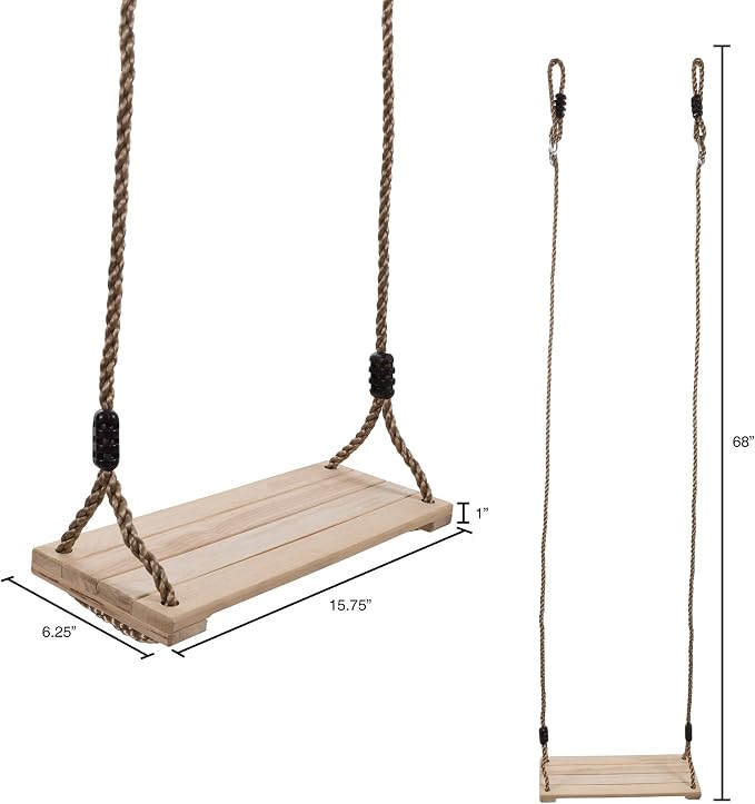 Hey! Play! Wooden Swing, Outdoor Flat Bench Seat with Adjustable Nylon Hanging Rope for Kids Playset Frame or Tree, Backyard Swinging Toy, Brown, 80-SA-062
