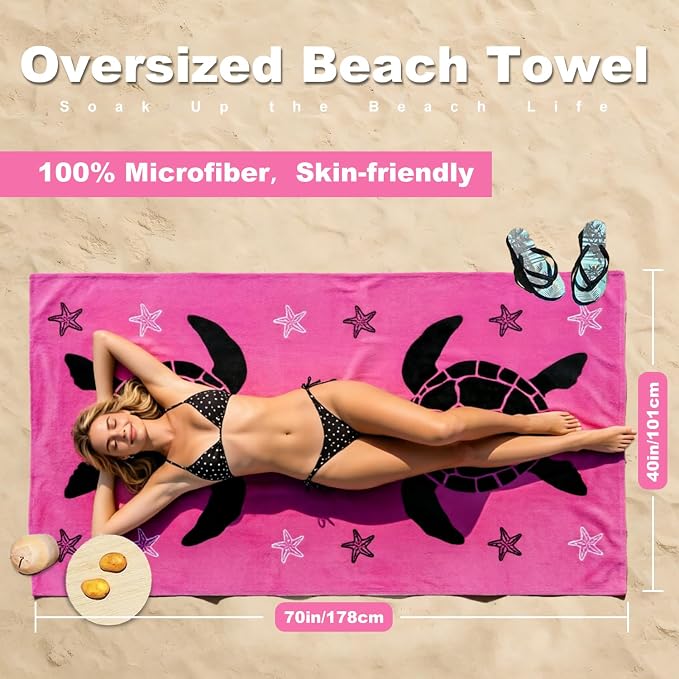 Jessy Home Microfiber 4 Pack Beach Towel Set, 40x70in Oversized Beach Towel, Quick-Dry Sand-Free Highly Absorbent Swim Towel, Soft Pool Towel, Marine Mixed Prints of Starfish & Sea Turtle for Vacation
