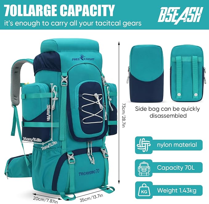 Bseash 70L (65+5) Waterproof Hiking Camping Backpack with Rain Cover, Outdoor Sport Travel Daypack for Climbing Touring (Blue Green)