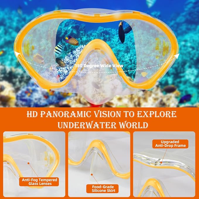 Kids Snorkeling Set - Adjustable Flippers + Panoramic Snorkel Mask + Dry Snorkel Tube + Travel Bags - Suitable for Kids & Juniors, Age 5-14