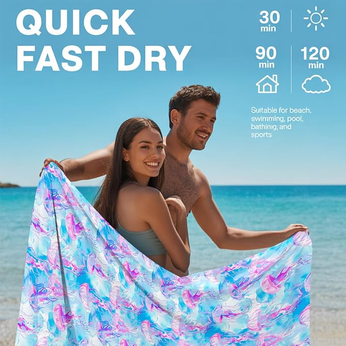 2 Pcs Microfiber Beach Towel Sand Free Quick Dry Oversized Blue Pink Purple Artistic Watercolor Jellyfish Pattern Bath Towels for Adults Swimming Travel Pool 71 x 32 Inches
