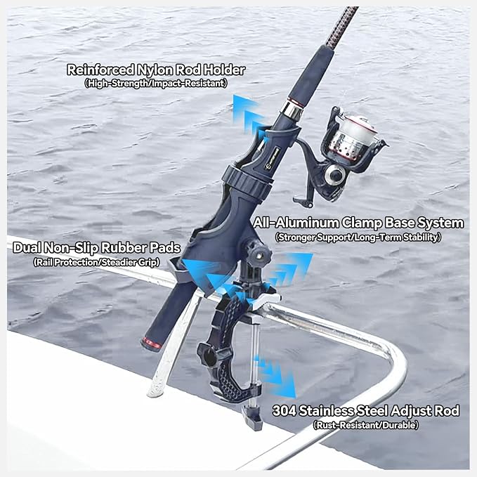 Hitorhike Fishing Rod Holder with Aluminum Alloy Base and One-Click Lock System Fits Round Square Tubes 0.59"~4.53" Enlarged Clamp Range for Boat Kayak Fishing