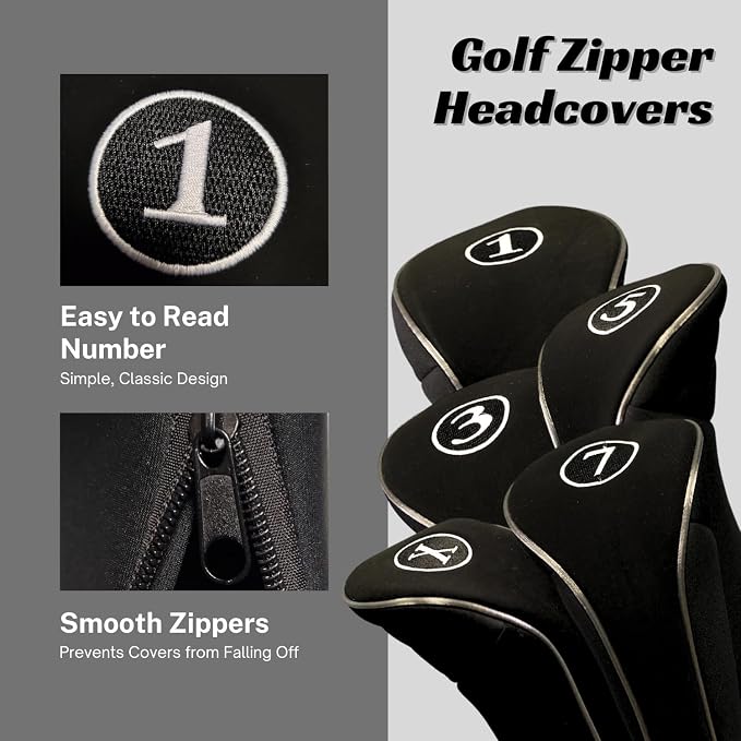 Black Golf Zipper Head Covers Driver 1 3 5 7 X Fairway Woods Headcovers Metal Neoprene Traditional Plain Protective Covers Fits All Fairway Clubs