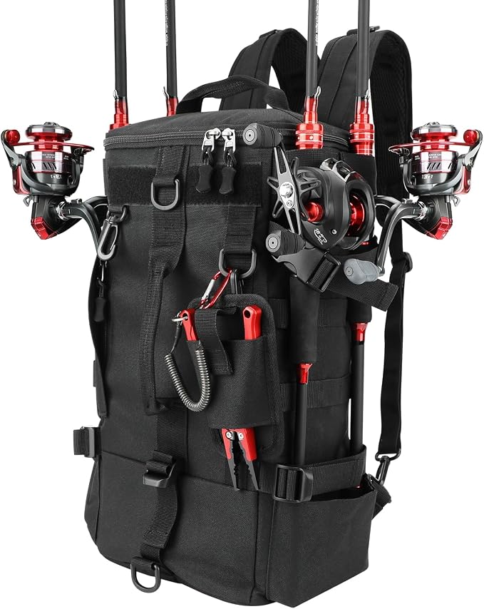 KOMCLUB Black Fishing Sling Tackle Storage Backpack, Large with Rain Cover‌ | Waterproof Outdoor Fishing Bag, Ideal Fishing Gifts for Men, Fits All-Day Fishing Trips
