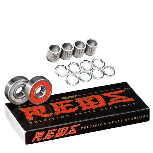 Bones Reds Skateboard Bearings 8-Pack [for Skateboards, Longboards, Scooters, Spinners] (Bones Reds_8-Pack w/Dragon Spacers & Washers)